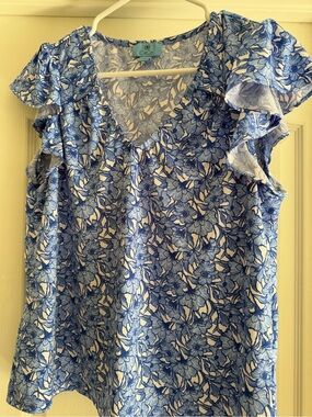 CeCe Blue Floral Ruffle Sleeve V-Neck Blouse